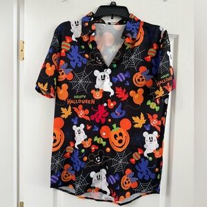 Disney Hawaiian shirt with Halloween print. 100% wrinkle resistant polyester.